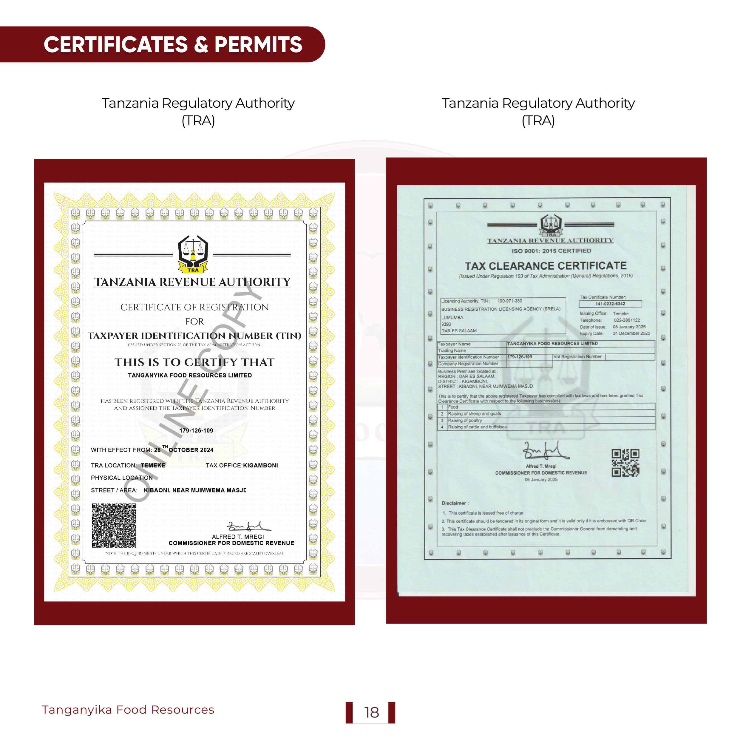 Tanzania Regulatory Authority Certificates