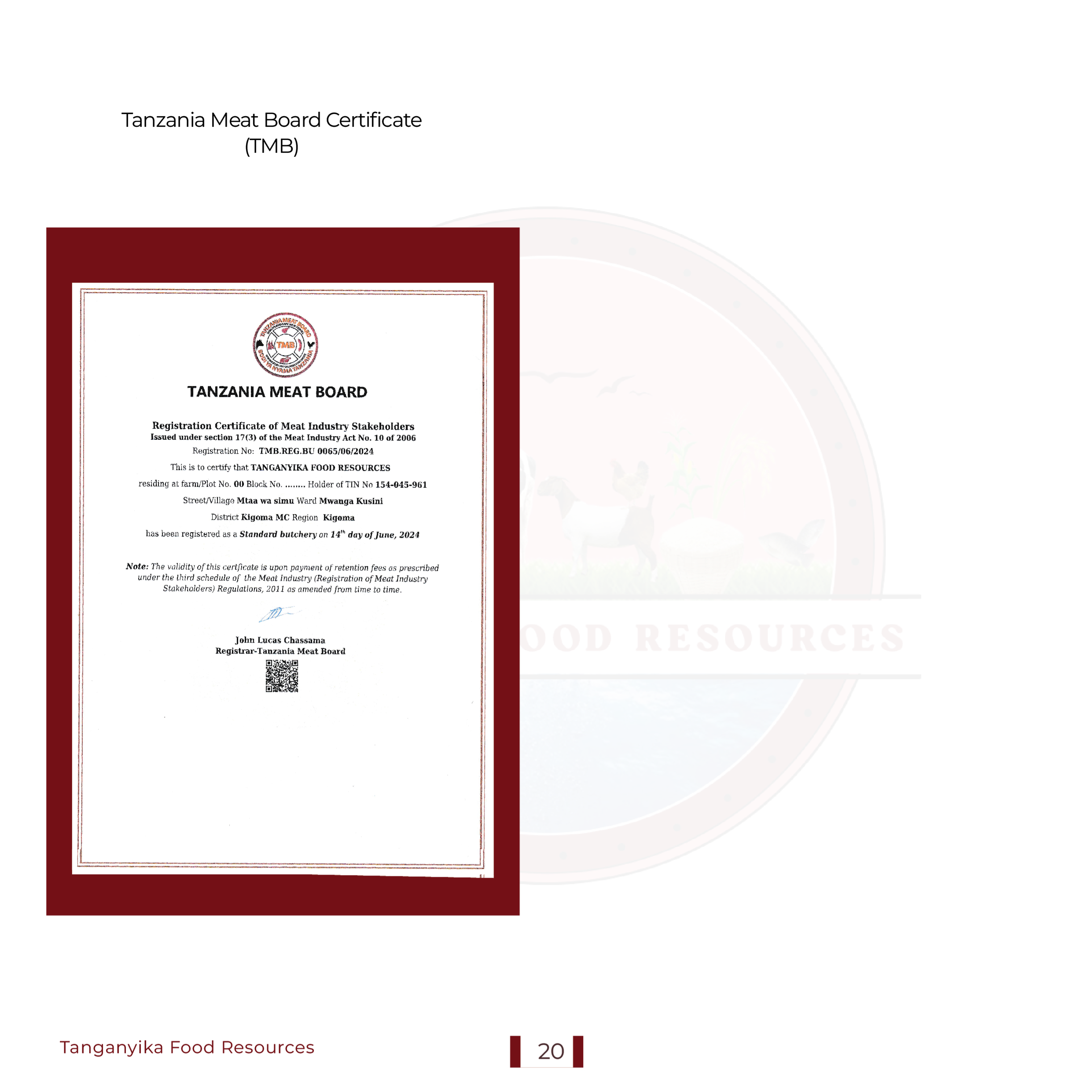 Tanzania Meat Board Certificate